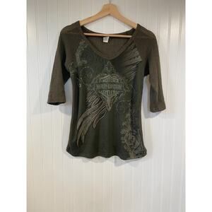 Harley-Davidson Shirt Women's Medium Green Lace 3/4 Sleeve Tee, Embellished
